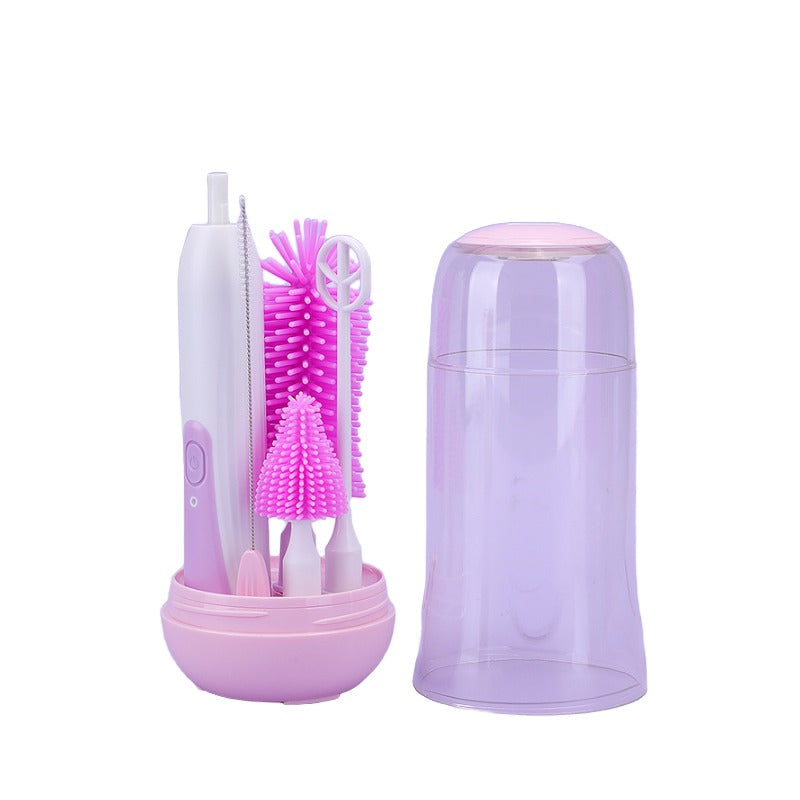 Adorila Electric Travel Bottle Brush Cleaner Set, Portable Silicone Bottle Brush with Nipple Brush, Straw Brush, Milk Stirrer, Drying Rack (Purple)