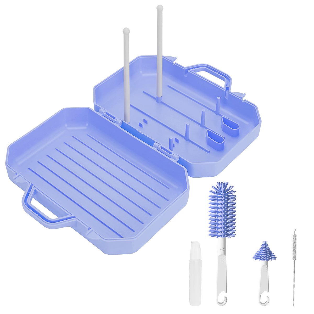 Adorila Travel Bottle Brush Set with Stand, Portable Bottle Cleaner Kit with Silicone Bottle Brush, Drying Rack, Nipple Brush, Straw Brush, Soap Dispenser (Blue)