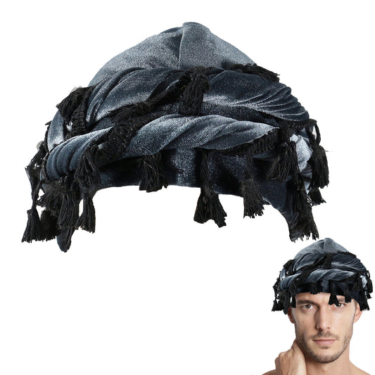 Adorila Velvet Durag Satin Lined Halo Turban Wraps, Unique Design Turban for Men & Women, Tassel Beanie for Causal Life (Grey)