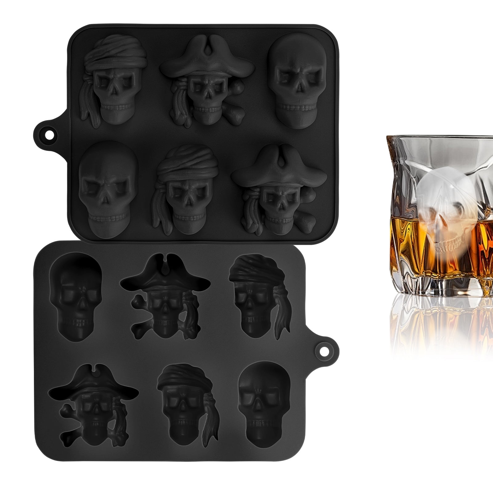 Adorila 2 Pack Pirate Skull Ice Cube Mold, Silicone Ice Cube Tray for Halloween, Reusable Ice Makers for Whiskey, Cocktails and Drinks (Black Red)