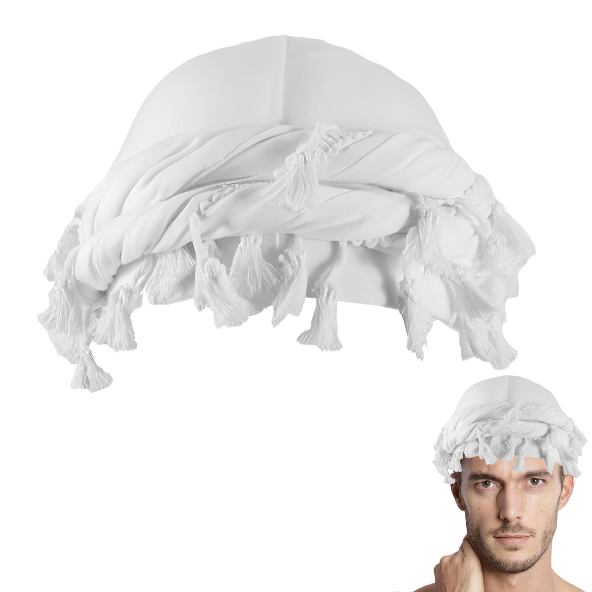 Adorila Cotton Durag Satin Lined Halo Turban Wraps, Unique Design Turban for Men & Women, Tassel Beanie for Causal Life (White)