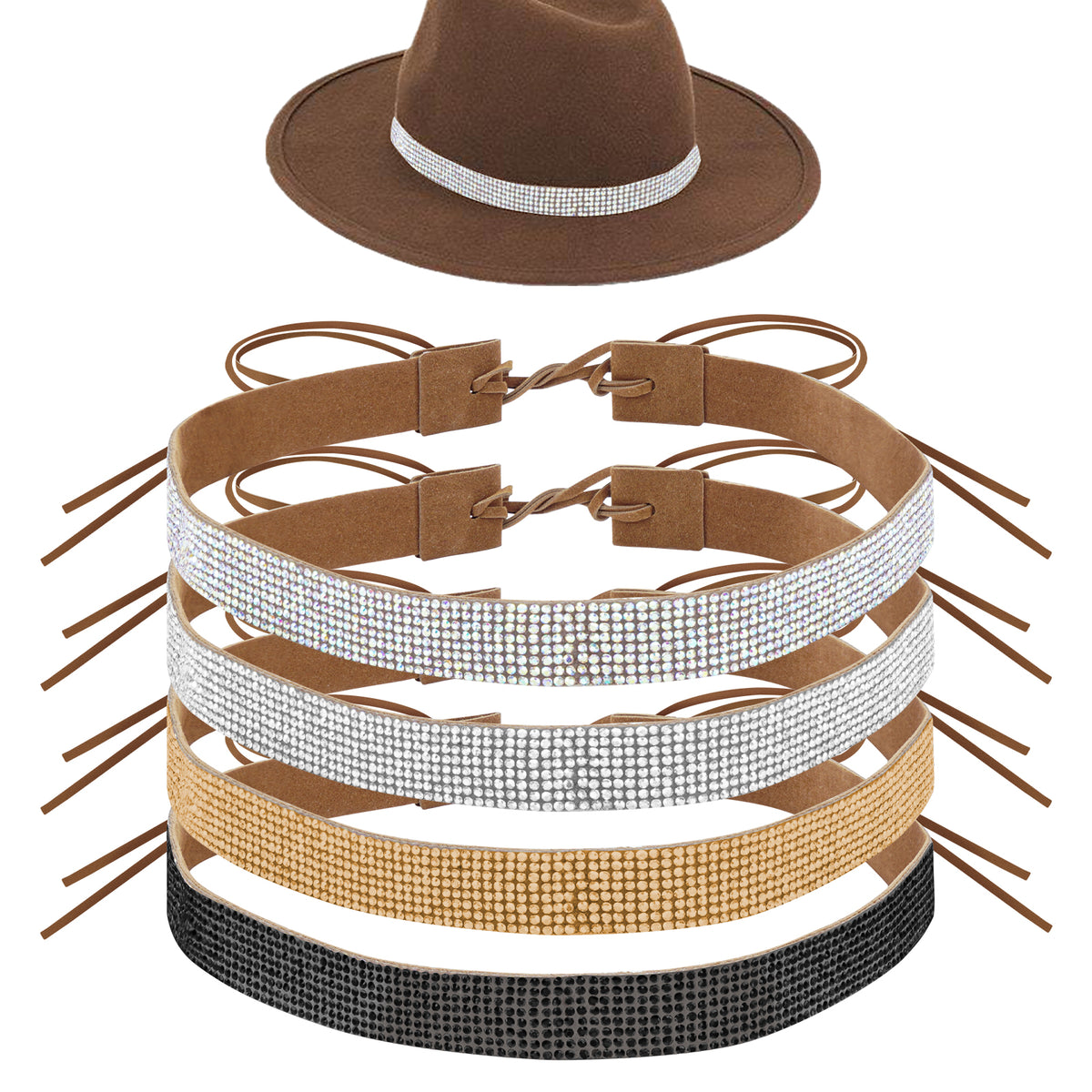 Adorila 4 Pack Bling Rhinestone Cowboy Hat Bands, Adjustable Cowgirl Hat Belt, Cowboy Hatband Hat Jewelry for Women Men