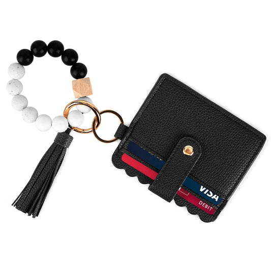 Adorila Wristlet Bracelet Keychain Wallet, Card Holder Wallet Silicone Beaded Keychain, Credit Card Pocket Key Ring for Women (Black)