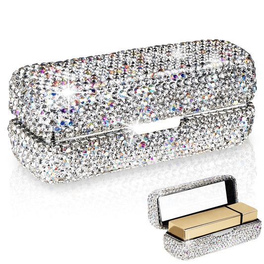 Adorila Lipstick Case with Mirror, Rhinestone Crystal Lipstick Organizer for Travel, Portable Bling Diamonds Lip Gloss Storage Holder (White)