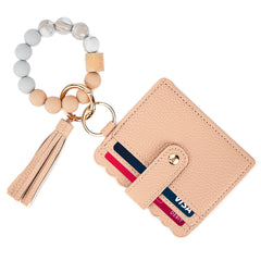 Adorila Wristlet Bracelet Keychain Wallet, Card Holder Wallet Silicone Beaded Keychain, Credit Card Pocket Key Ring for Women (Black)