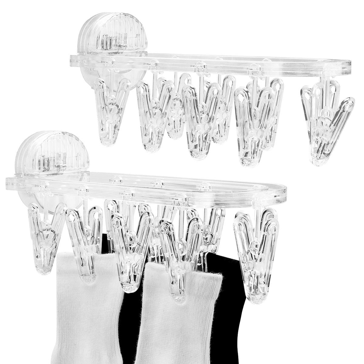 Adorila 2 Pack Clothes Drying Hanger with 9 Clips, Foldable Laundry Drying Rack with Suction Cup, Wall Mounted Hanging Drying Rack for Clothes Underwear Socks (Clear Silver)