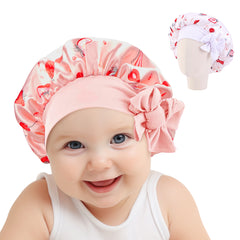 Adorila 2 Pack Satin Silk Bonnet Hair Cap for Kids, Adjustable Sleep Bonnet with Elastic Tie, Double Layer Night Hair Hats for Teens (Pink, Purple)