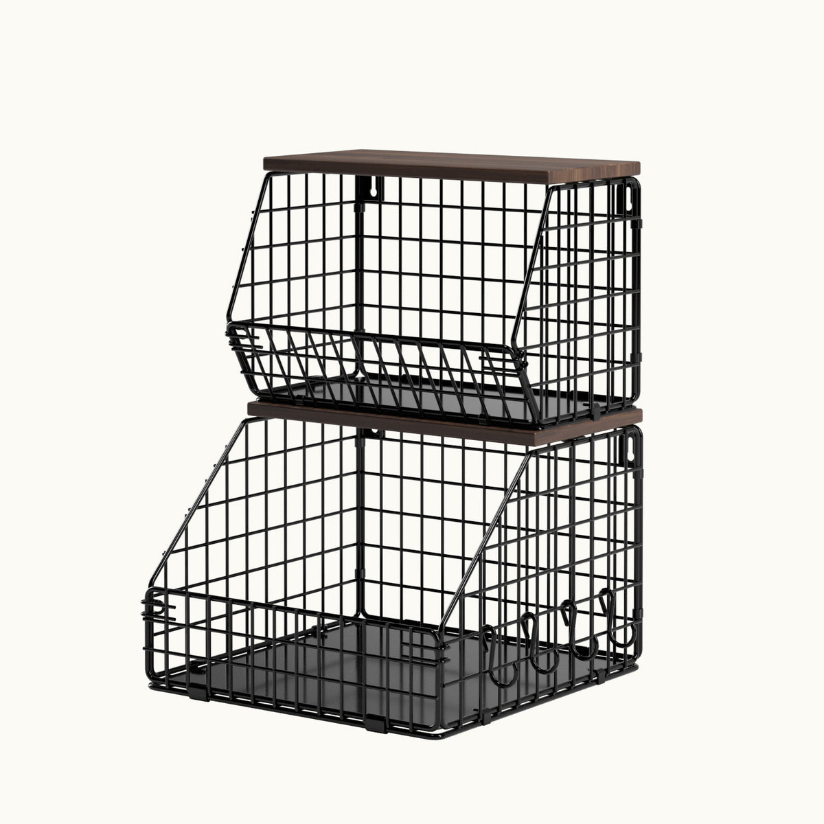 Adorila Fruit and Vegetable Storage, Wall Mounted Stackable Fruit Baskets with Wood Lid, Hanging Metal Wire Baskets for Kitchen Counter (Black)
