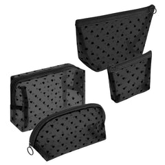 Adorila 3 Pieces Heart Print Mesh Cosmetic Bag, Portable Mesh Makeup Bag with Zipper, Small Toiletry Pouches for Home Office Travel (Black)