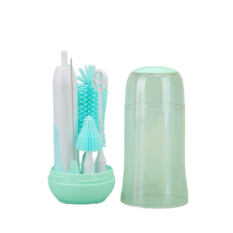 Adorila Electric Travel Bottle Brush Cleaner Set, Portable Silicone Bottle Brush with Nipple Brush, Straw Brush, Milk Stirrer, Drying Rack (Green)