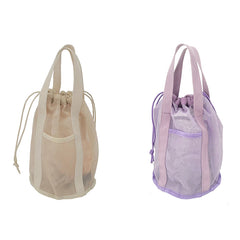 Adorila 2 Pack Beach Mesh Tote Bag, Casual Beach Drawstring Tote Bag, Women Portable Beach Totes Storage Bags (White&Purple)