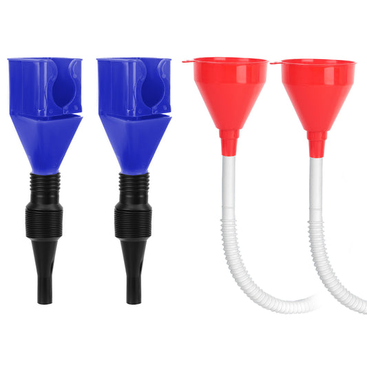 Adorila Funnels for Automotive Use Set of 4, Plastic Small Fuel Funnel with Long Hose, Retractable Auto Fuel Snap Flexible Funnel Draining Tool