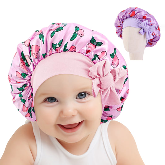 Adorila 2 Pack Satin Silk Bonnet Hair Cap for Kids, Adjustable Sleep Bonnet with Elastic Tie, Double Layer Night Hair Hats for Teens (Pink, Purple)