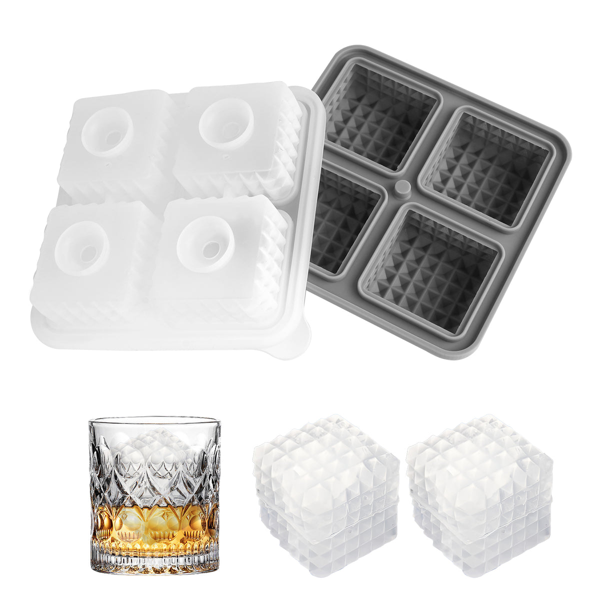 Adorila Silicone Ice Cube Tray, 4 Square Slots Ice Cube Trays for Freezer with Lid, Leak-Free Ice Ball Maker Mold for Whiskey, Cocktails, Bourbon (Grey)