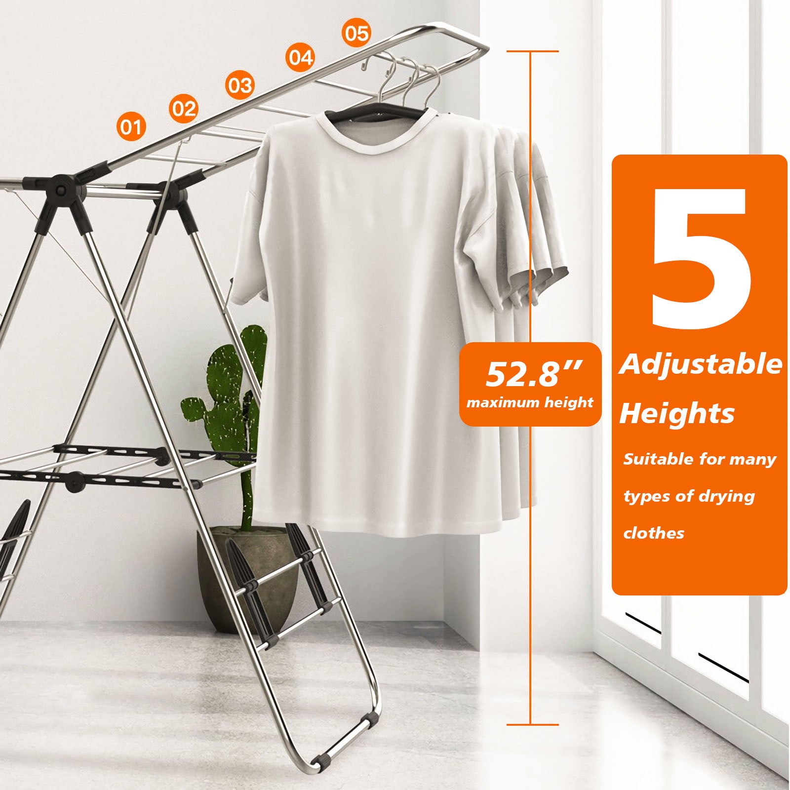 Clothes Drying Rack, Foldable 2-Layer Stainless Steel Laundry Drying Rack With Height Adjustable Gullwing, Laundry Rack For Drying Clothes, Towels, Shoes And Socks, Hats, Quilts