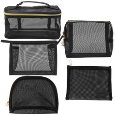 Adorila 3 Pieces Heart Print Mesh Cosmetic Bag, Portable Mesh Makeup Bag with Zipper, Small Toiletry Pouches for Home Office Travel (Black)