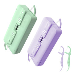 Adorila 2 Pack Dental Floss Picks Portable Dispenser, Refillable Dental Floss Sticks Case, Travel Floss Storage Case for Teeth Cleaning (Purple, Green)