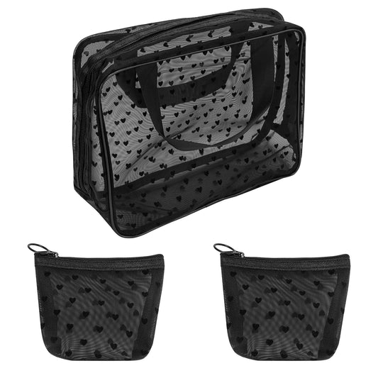 Adorila 3 Pieces Heart Print Mesh Cosmetic Bag, Portable Mesh Makeup Bag with Zipper, Small Toiletry Pouches for Home Office Travel (Black)