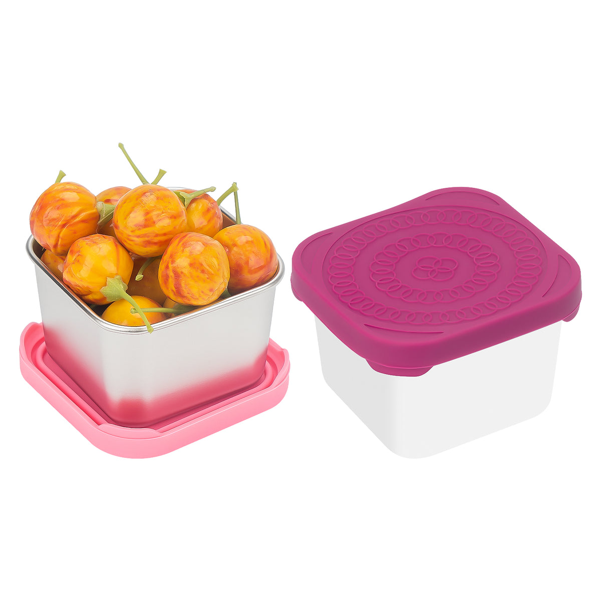 Adorila 2 Pack Stainless Steel Snack Containers, 6oz Leakproof Small Food Containers with Lids, Reusable Metal Lunch Box for Travel (Red & Pink)