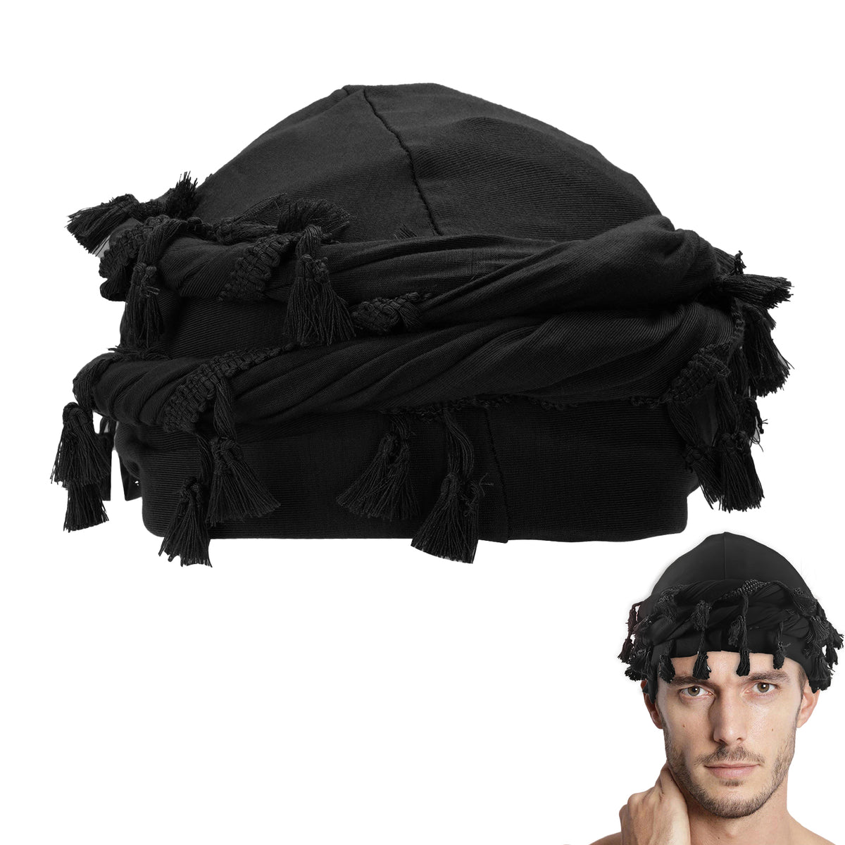 Adorila Cotton Durag Satin Lined Halo Turban Wraps, Unique Design Turban for Men & Women, Tassel Beanie for Causal Life (Black)
