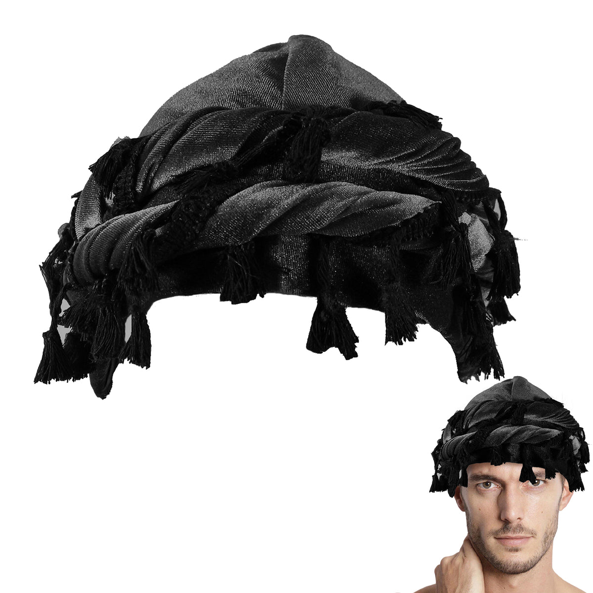 Adorila Velvet Durag Satin Lined Halo Turban Wraps, Unique Design Turban for Men & Women, Tassel Beanie for Causal Life (Black)
