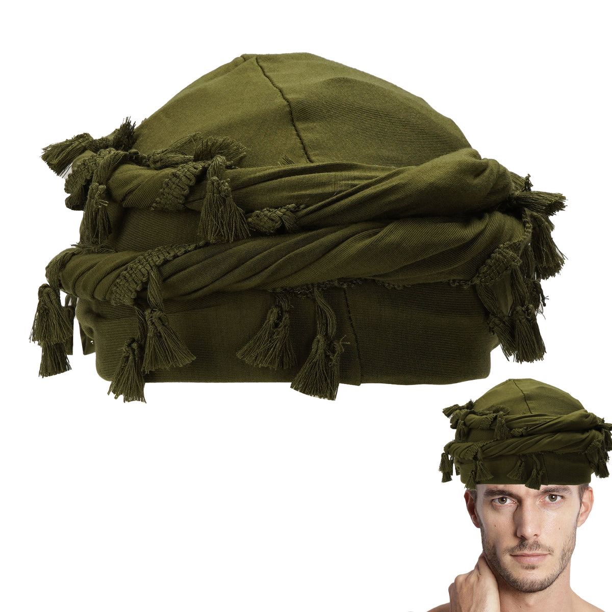 Adorila Cotton Durag Satin Lined Halo Turban Wraps, Unique Design Turban for Men & Women, Tassel Beanie for Causal Life (Green)