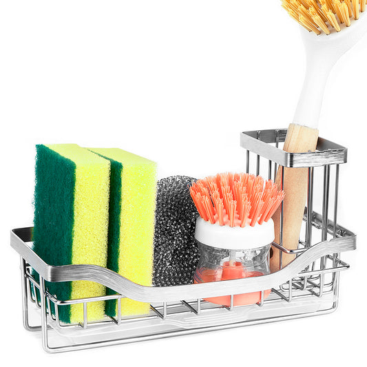 Adorila Kitchen Sink Caddy Organizer, Stainless Steel Sponge Holder with Drain Tray, Kitchen Sink Organizer Rack for Countertop