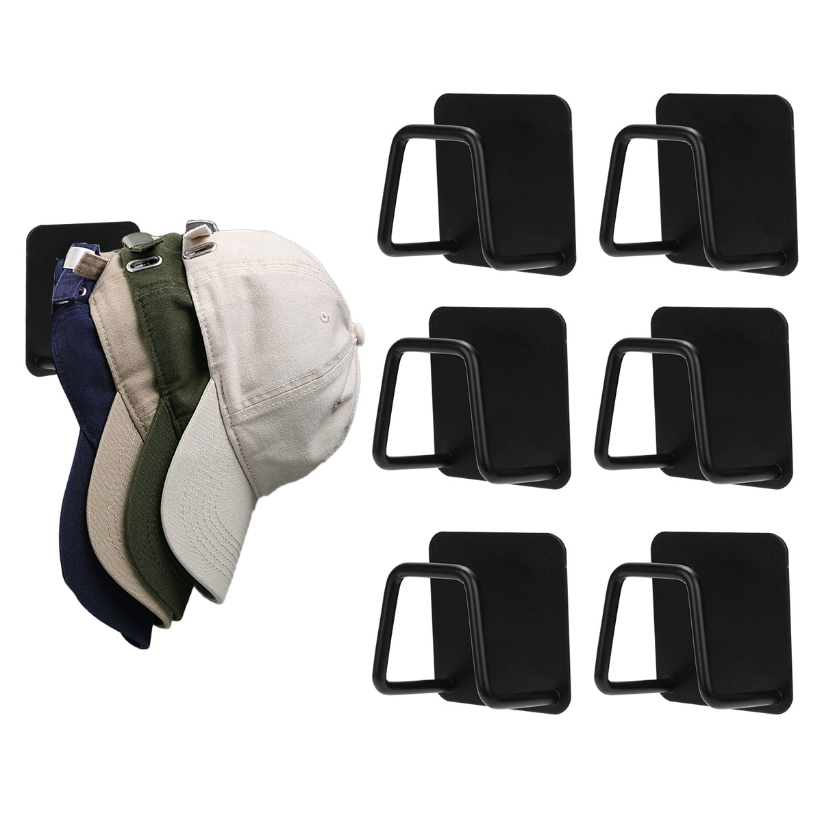 Adorila 6 Pack Hat Rack for Wall Hat Organizer, Metal Hat Holder for Baseball Caps, Adhesive Hat Hooks for Wall (Black)