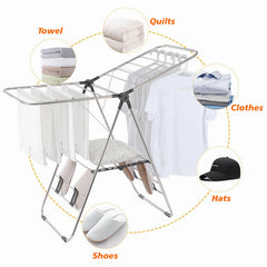 Clothes Drying Rack, Foldable 2-Layer Stainless Steel Laundry Drying Rack With Height Adjustable Gullwing, Laundry Rack For Drying Clothes, Towels, Shoes And Socks, Hats, Quilts