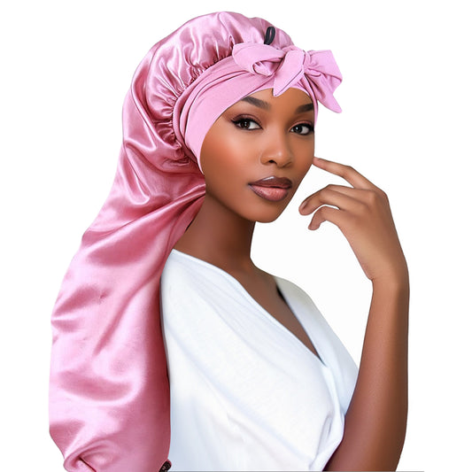 Adorila Extra Long Satin Bonnet for Women, Adjustable Braid Bonnet with Tie Band, Double Layer Elastic Silk Bonnet for Braids Hair Sleeping Cap (Pink)