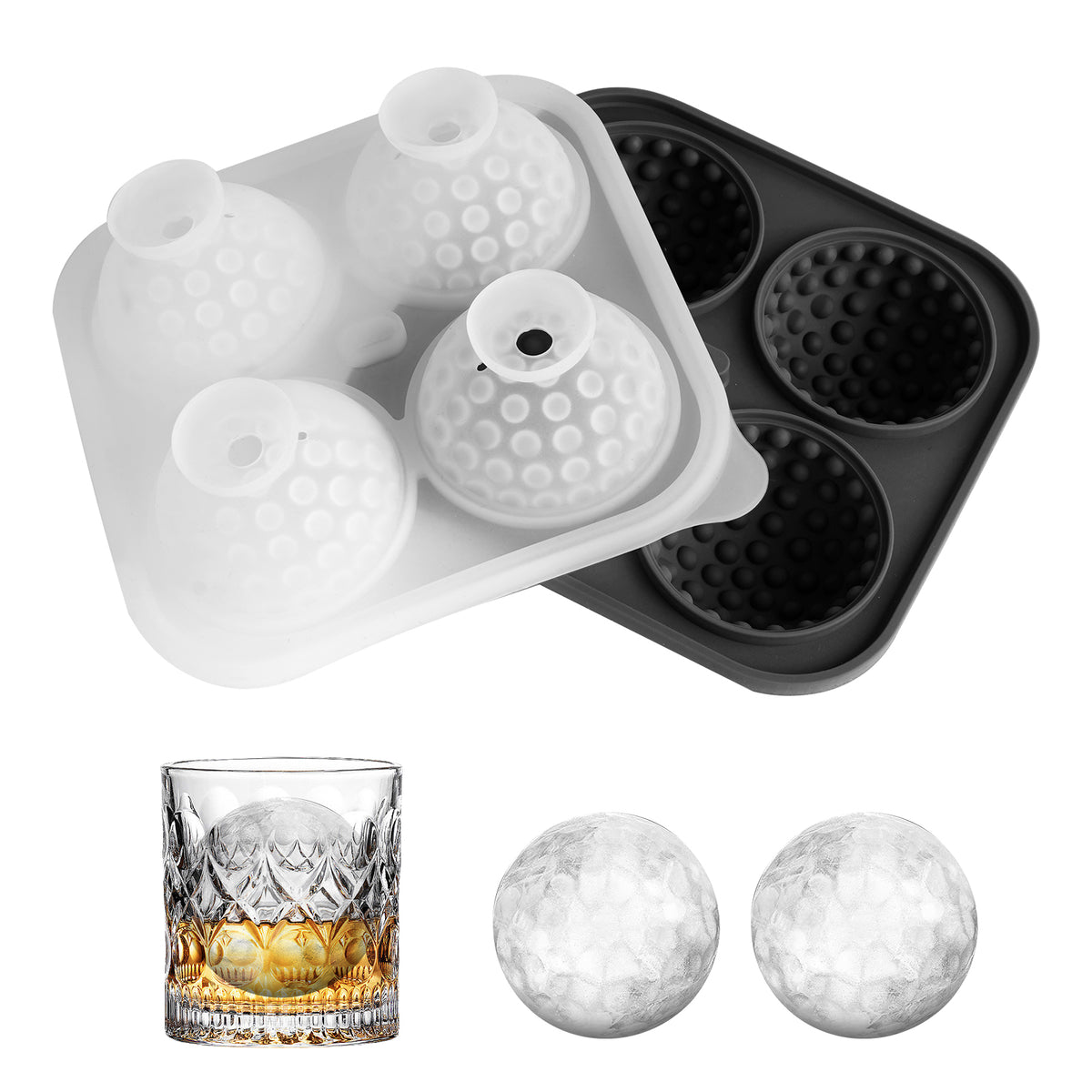 Adorila Large Silicone Ice Cube Tray, 4 Round Slots Ice Cube Trays for Freezer with Lid, Leak-Free Ice Ball Maker Mold for Whiskey, Cocktails, Bourbon (Black)