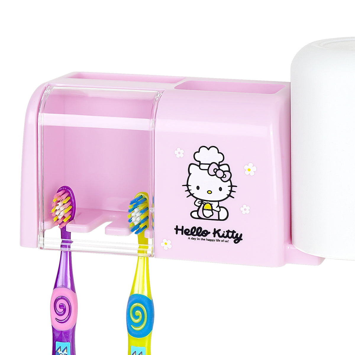 Adorila Wall Mounted Kids Toothbrush Holder with Cover, 3 Slots Hello Kitty Toothbrush Storage Organizer, Self Adhesive Toothbrush Toothpaste Hanger for Bathroom (Pink)