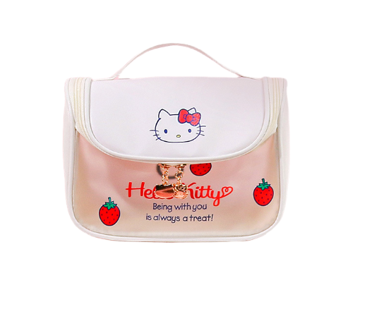 Adorila Hello Kitty Cosmetic Bag, Translucent Waterproof Toiletry Bag for Travel, PU Leather Makeup Bag Organizer for Women Girls (Letter Strawberry)