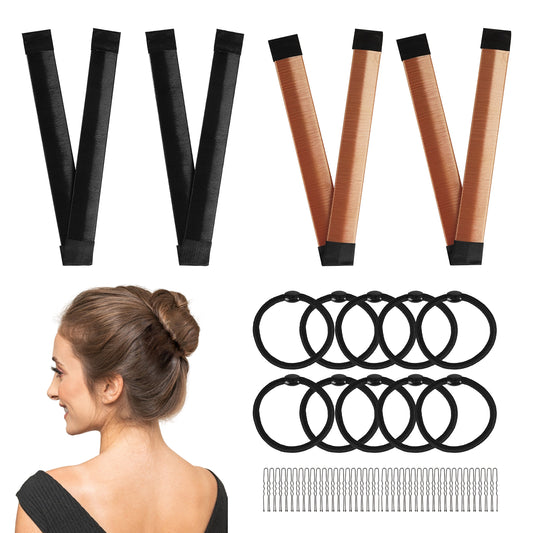 Adorila Bun Maker for Long Hair Set, Hair Bun Accessories Elastic Band, French Twist Snap Curly Bun Styler (Black, Brown)