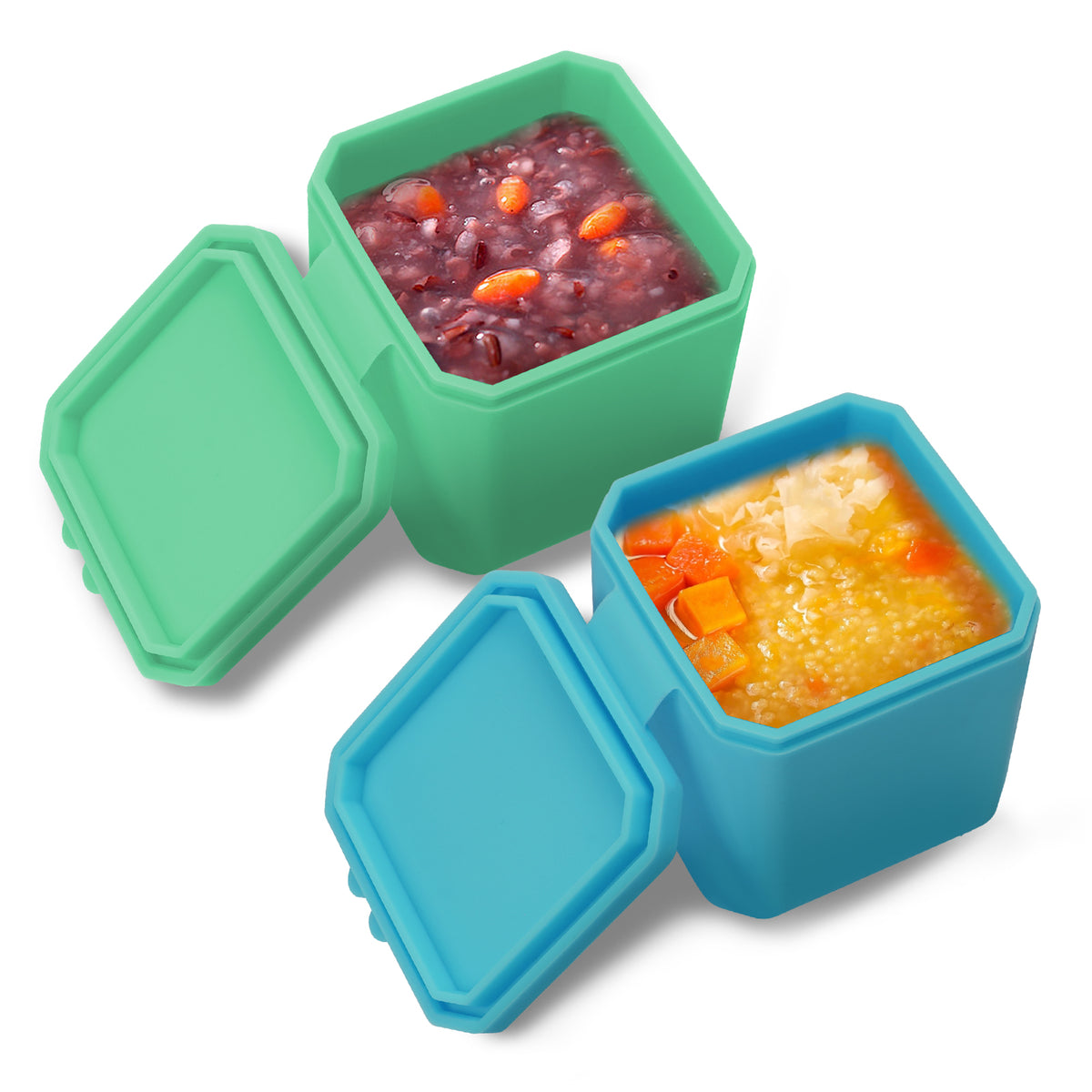 Adorila 2 Pack Small Silicone Snack Containers with Lids, Leak Proof Salad Dressing Container, Lunch Box Containers for School, Office, Travel, Picnic (Green, Blue)
