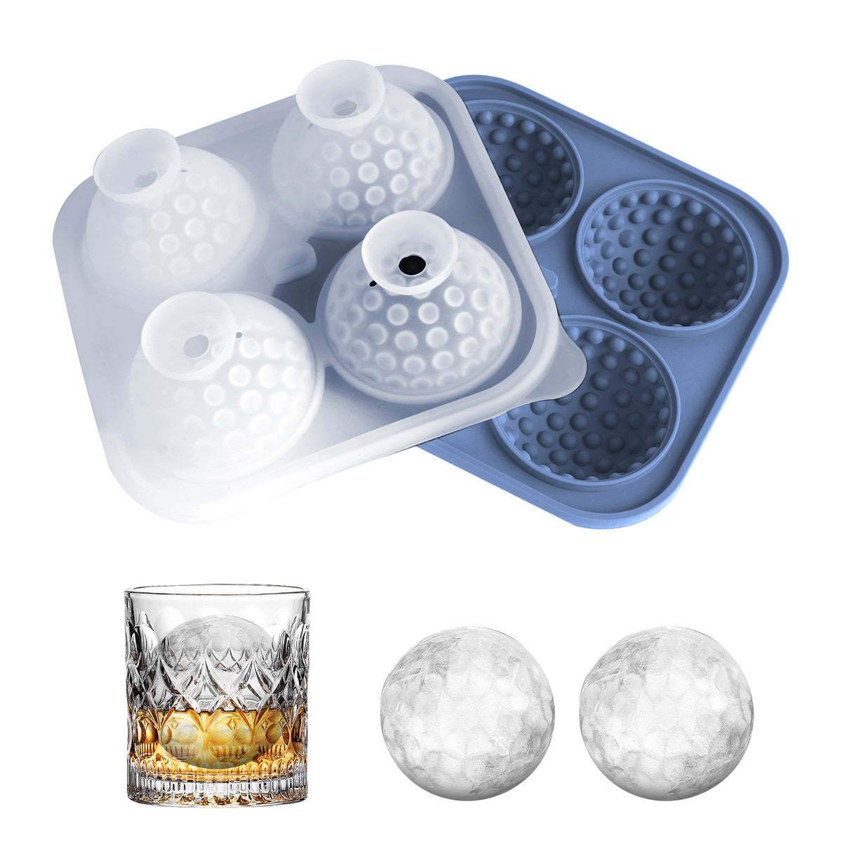 Adorila Large Silicone Ice Cube Tray, 4 Round Slots Ice Cube Trays for Freezer with Lid, Leak-Free Ice Ball Maker Mold for Whiskey, Cocktails, Bourbon (Blue)