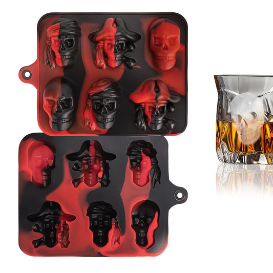 Adorila 2 Pack Pirate Skull Ice Cube Mold, Silicone Ice Cube Tray for Halloween, Reusable Ice Makers for Whiskey, Cocktails and Drinks (Black Red)