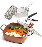 Moss & Stone Copper 5 Piece Set Chef Cookware, 9.5” Non Stick Pan, Deep Square Pan, Fry Basket, S...